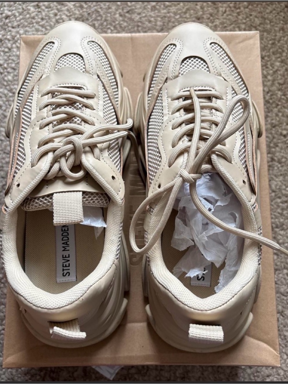 Steve Madden Women’s Cream Mesh and Synthetic Lace-Up Sneakers